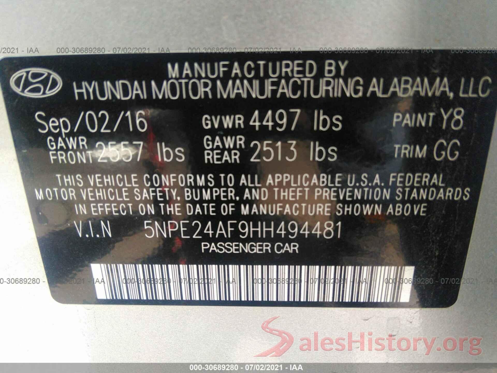 5NPE24AF9HH494481 2017 HYUNDAI SONATA