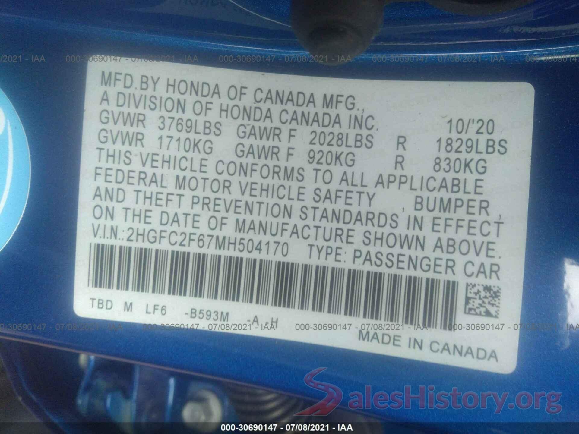 2HGFC2F67MH504170 2021 HONDA CIVIC SEDAN