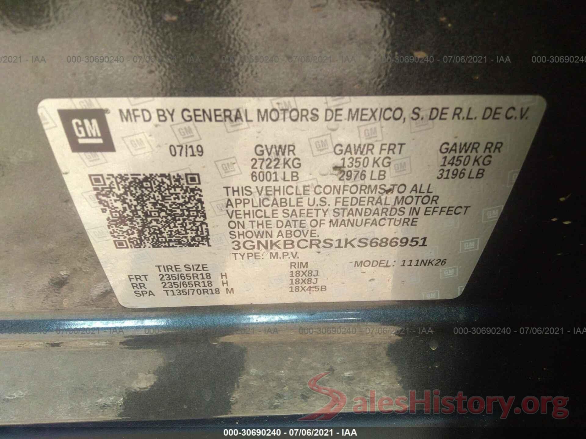 3GNKBCRS1KS686951 2019 CHEVROLET BLAZER