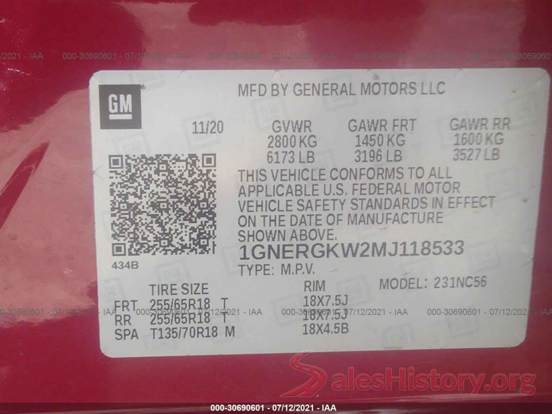 1GNERGKW2MJ118533 2021 CHEVROLET TRAVERSE