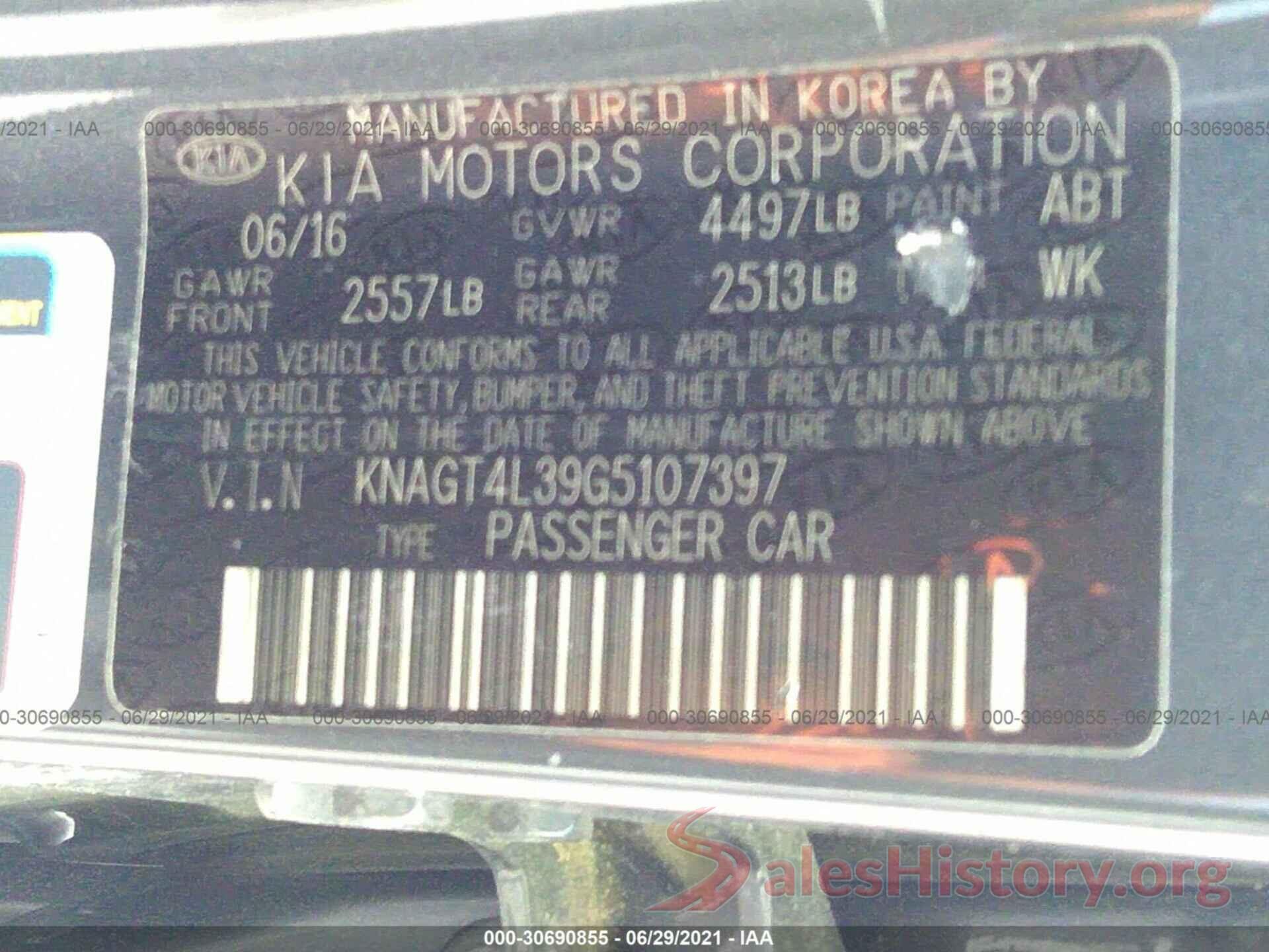 KNAGT4L39G5107397 2016 KIA OPTIMA