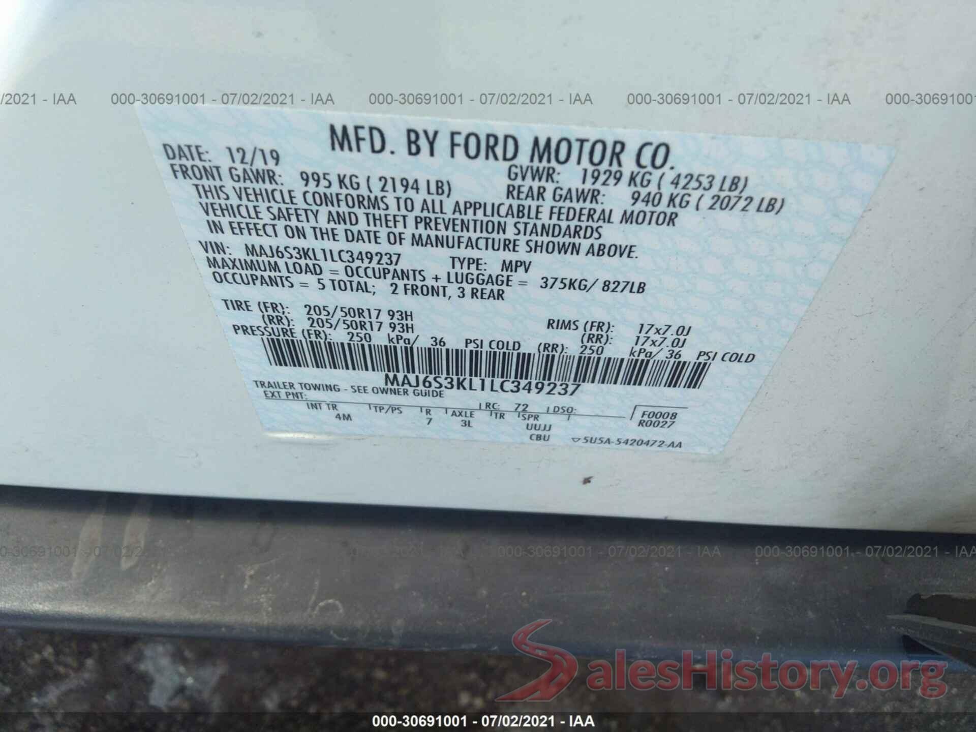 MAJ6S3KL1LC349237 2020 FORD ECOSPORT