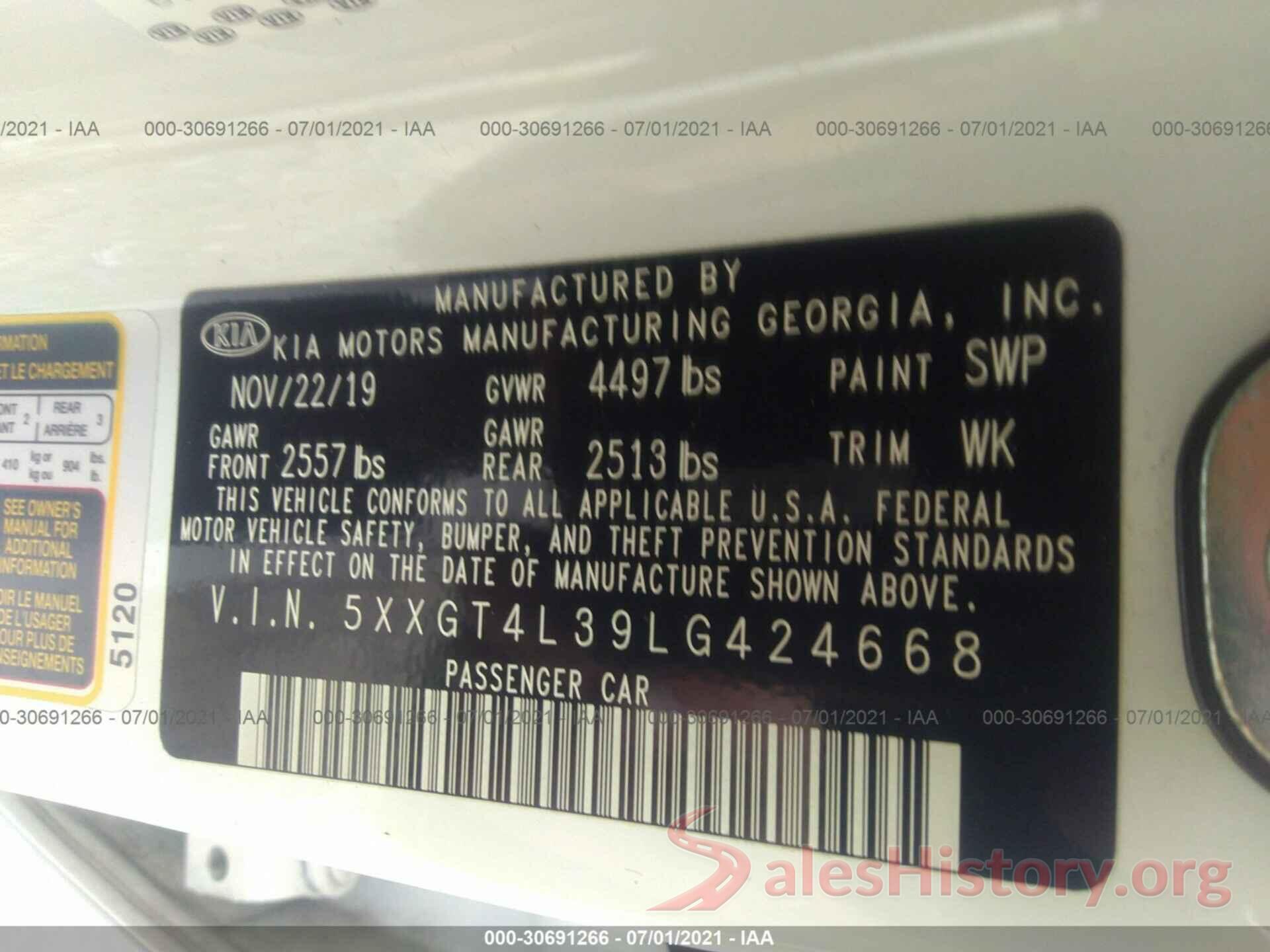 5XXGT4L39LG424668 2020 KIA OPTIMA