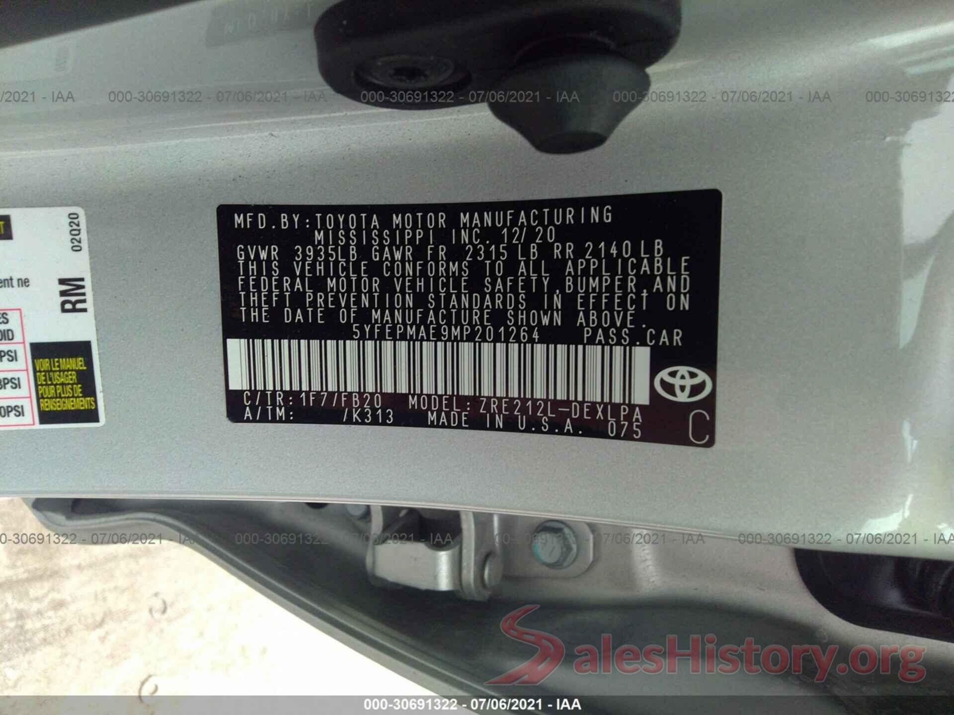 5YFEPMAE9MP201264 2021 TOYOTA COROLLA