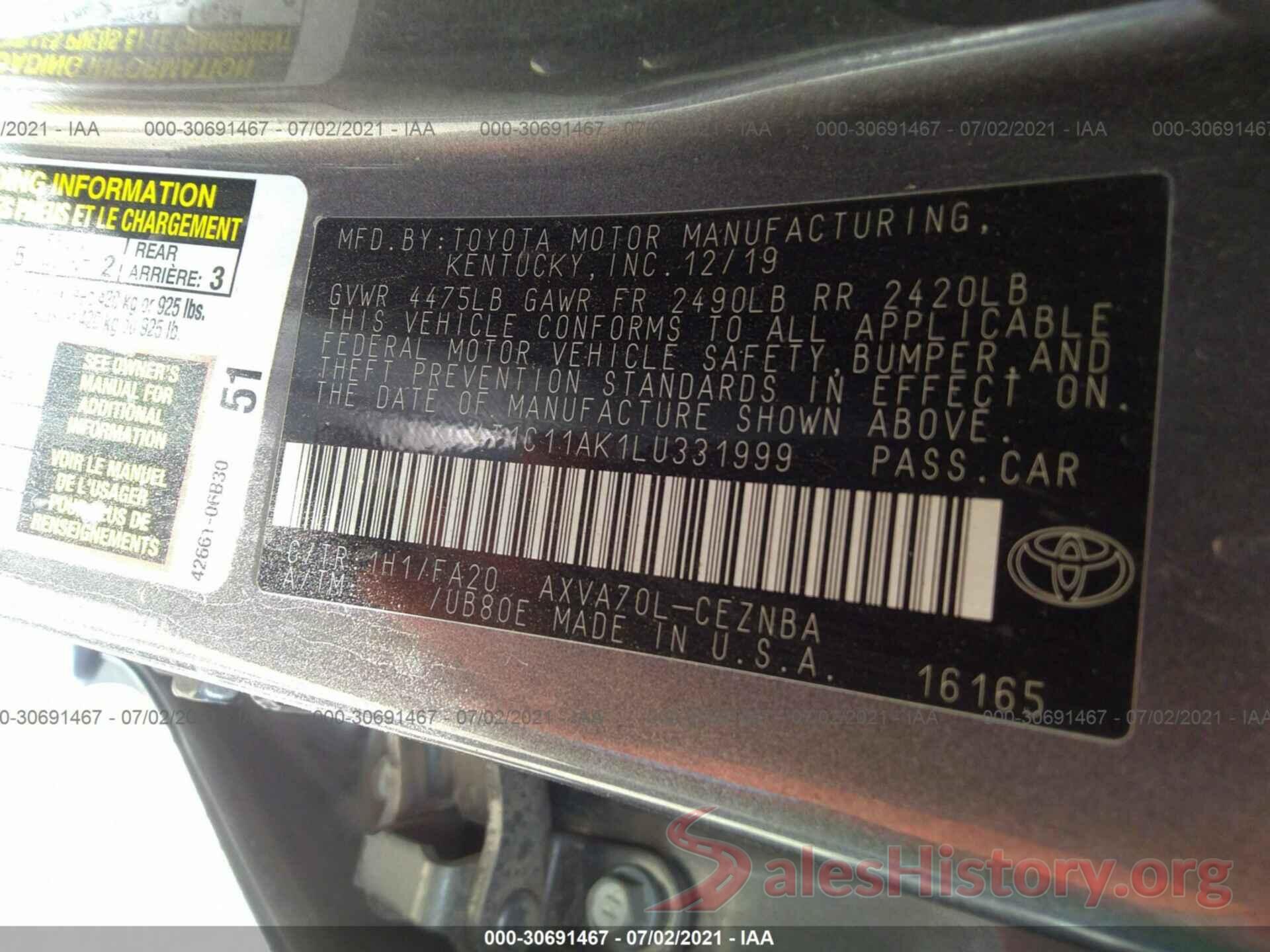 4T1C11AK1LU331999 2020 TOYOTA CAMRY