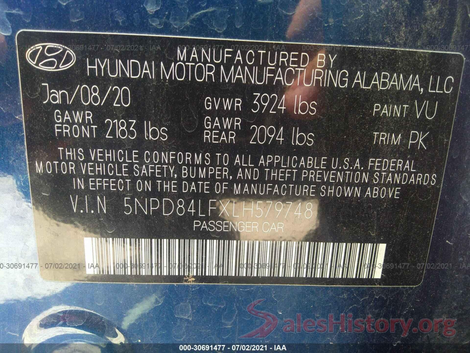 5NPD84LFXLH579748 2020 HYUNDAI ELANTRA