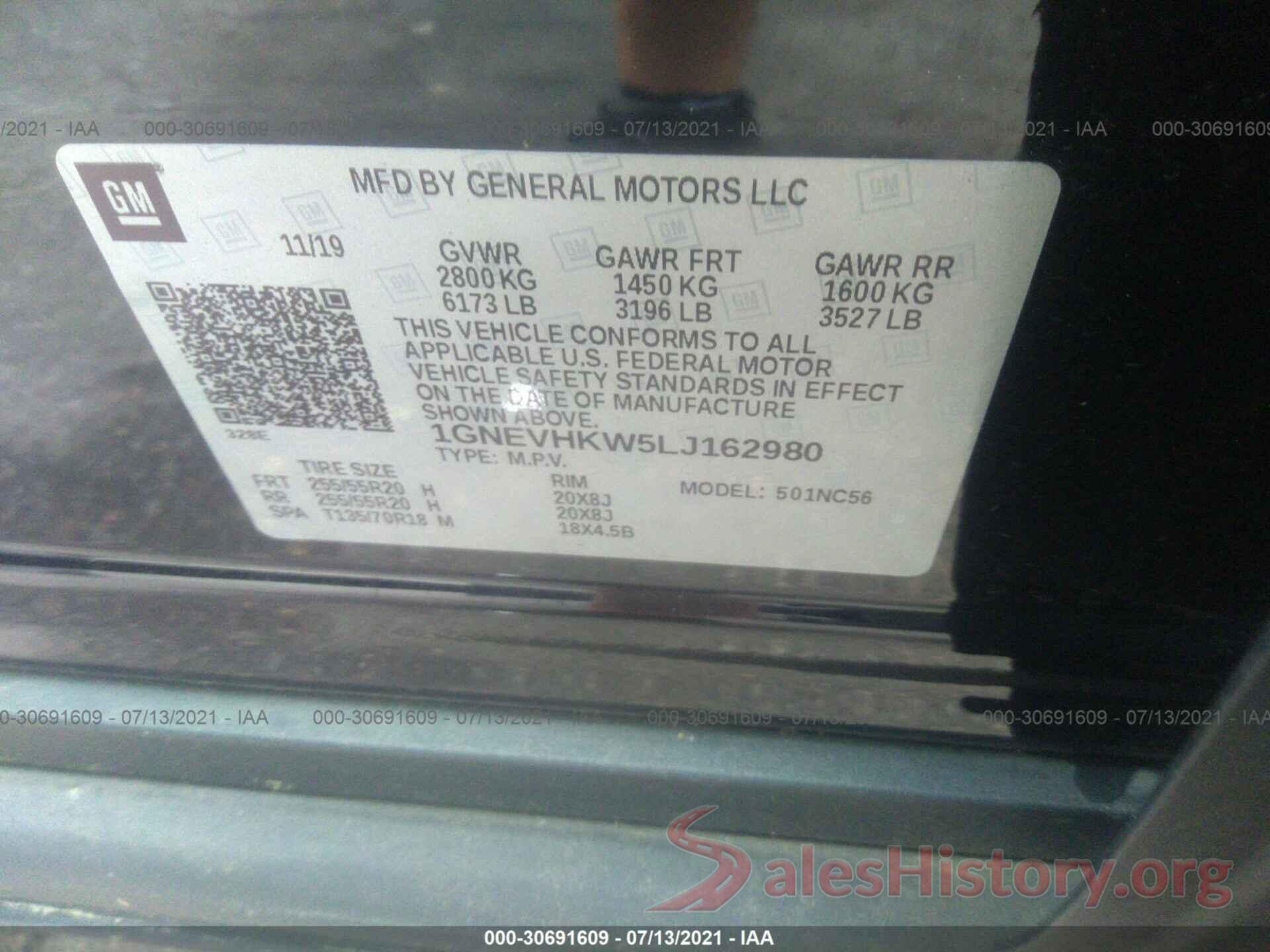 1GNEVHKW5LJ162980 2020 CHEVROLET TRAVERSE