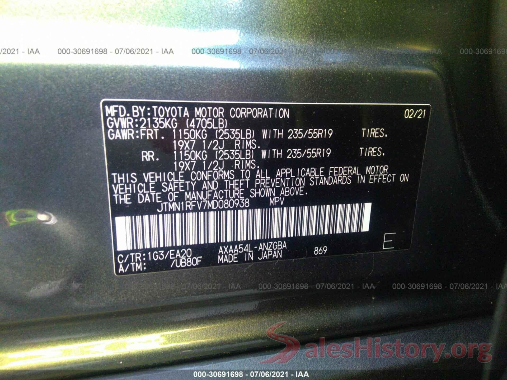 JTMN1RFV7MD080938 2021 TOYOTA RAV4