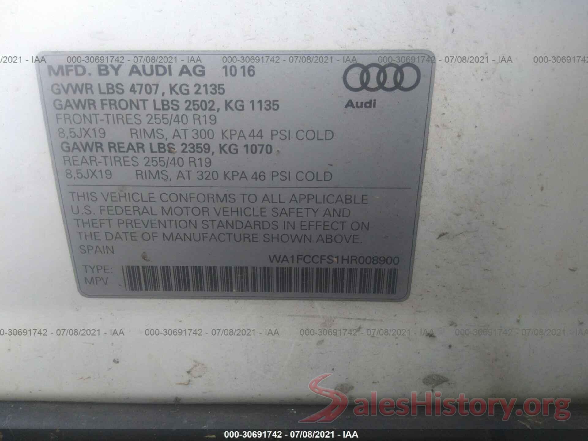 WA1FCCFS1HR008900 2017 AUDI Q3