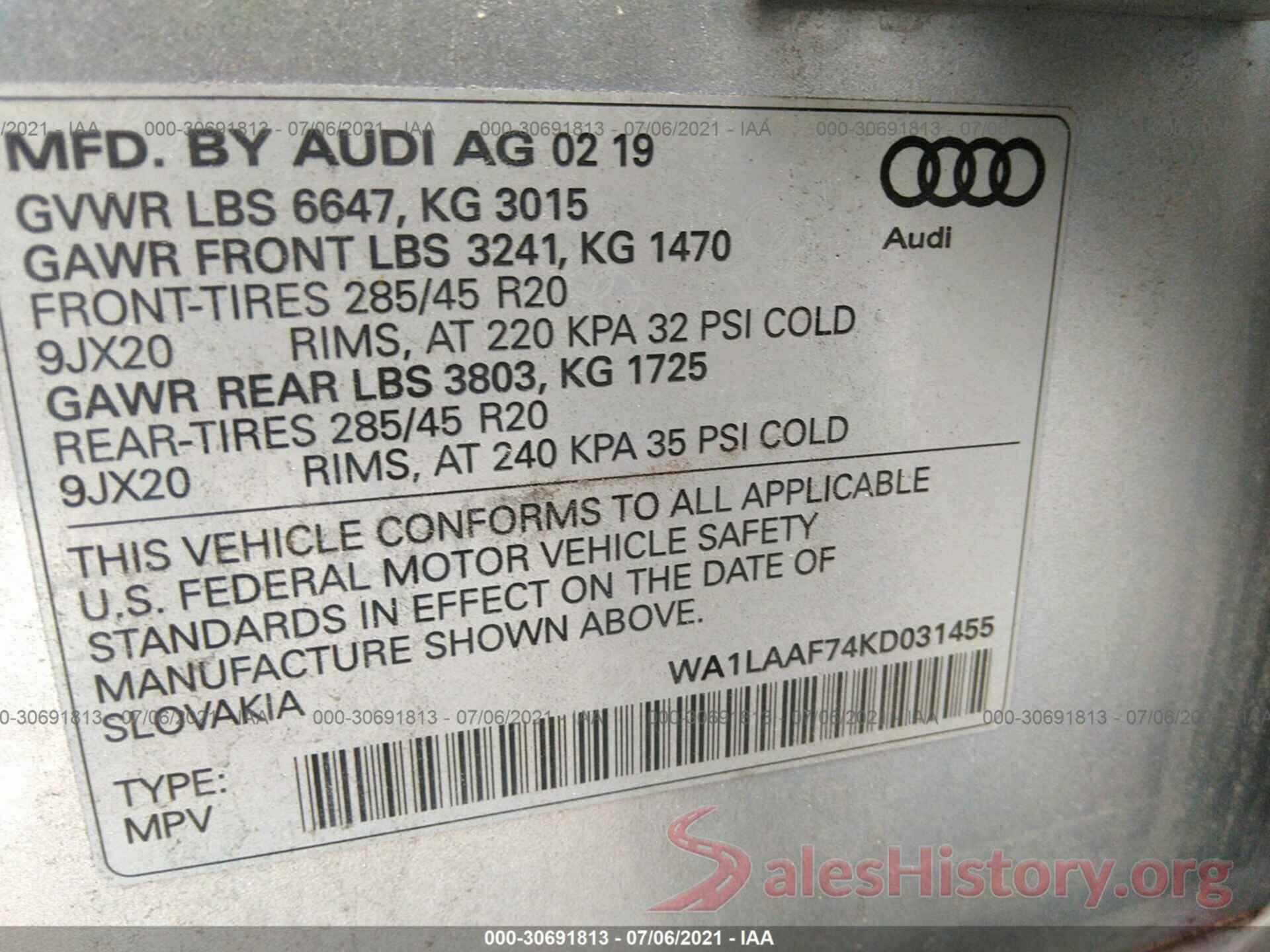 WA1LAAF74KD031455 2019 AUDI Q7