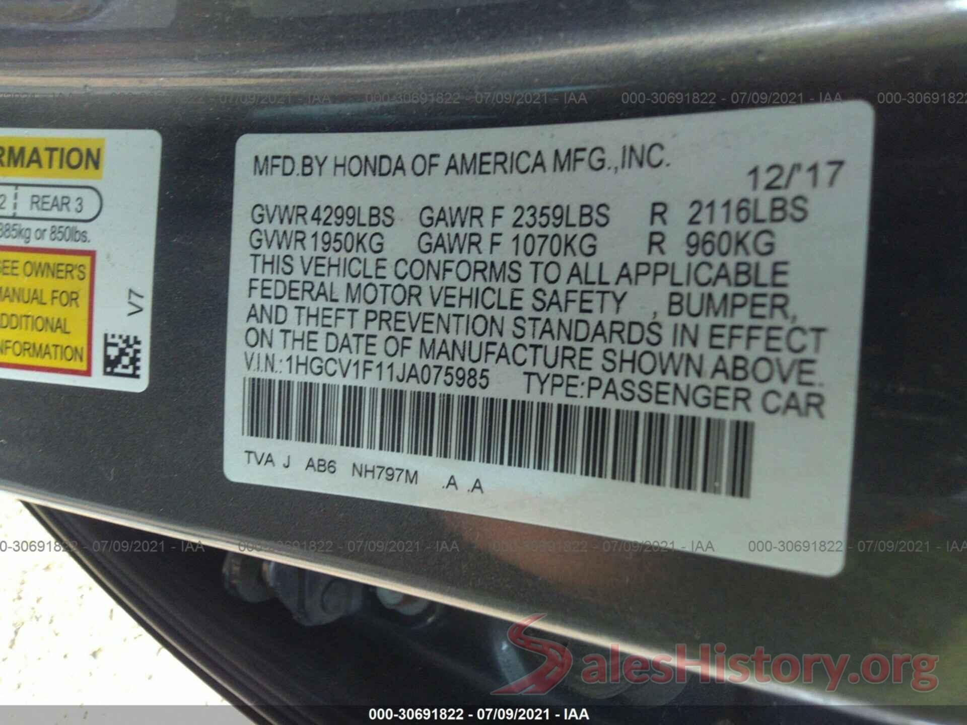 1HGCV1F11JA075985 2018 HONDA ACCORD SEDAN