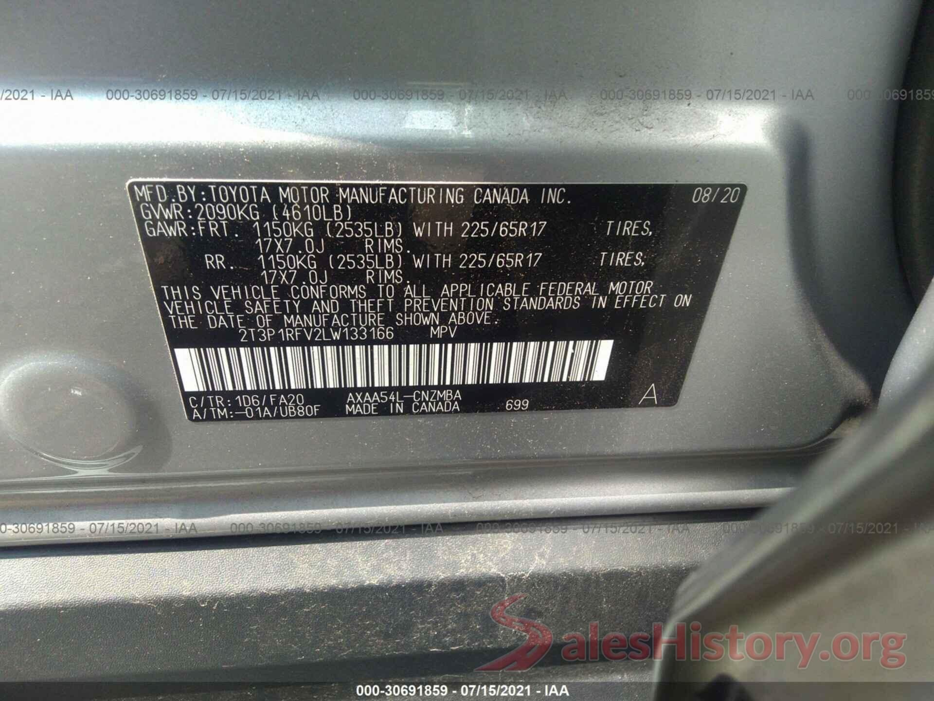 2T3P1RFV2LW133166 2020 TOYOTA RAV4