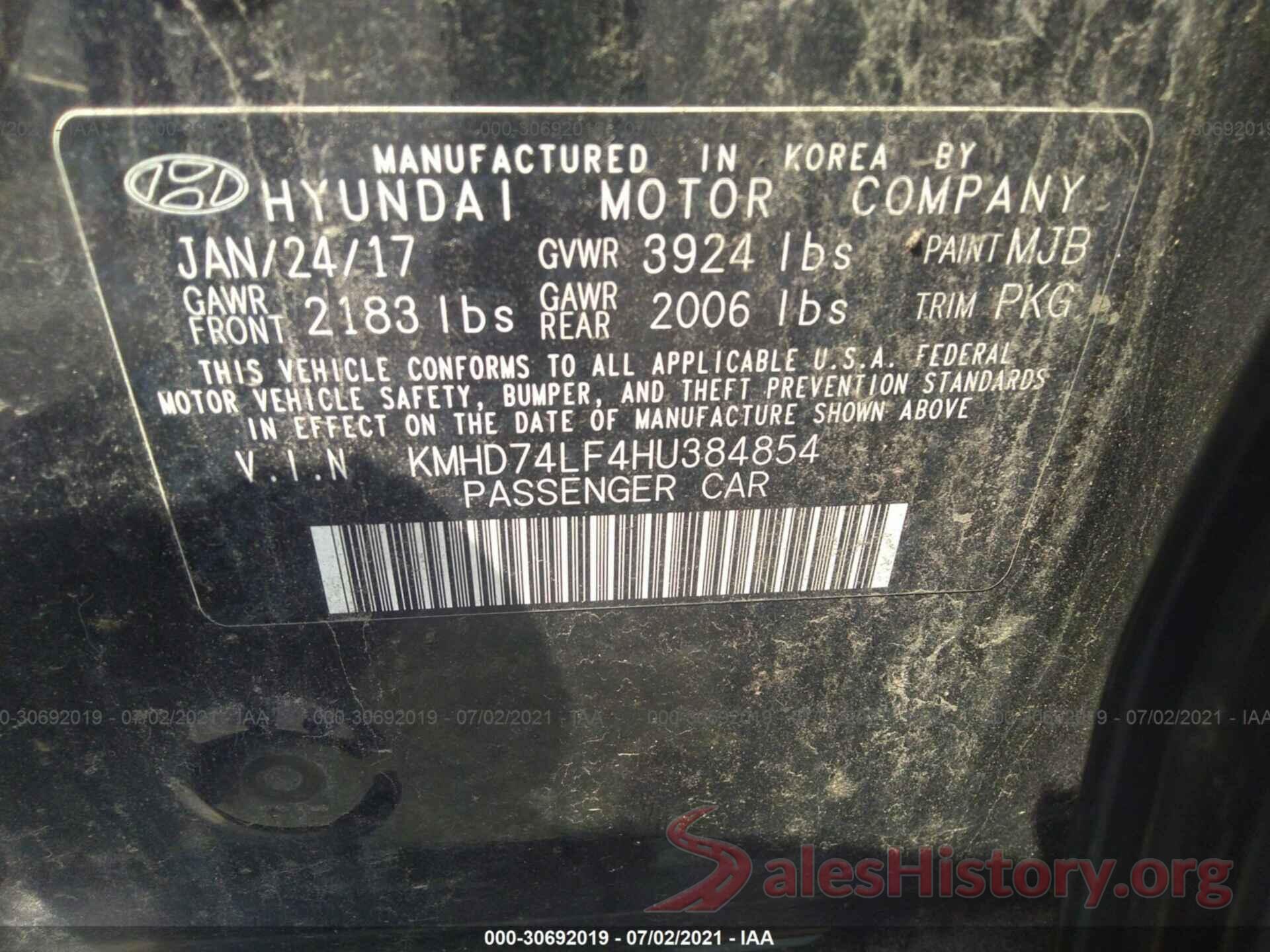 KMHD74LF4HU384854 2017 HYUNDAI ELANTRA