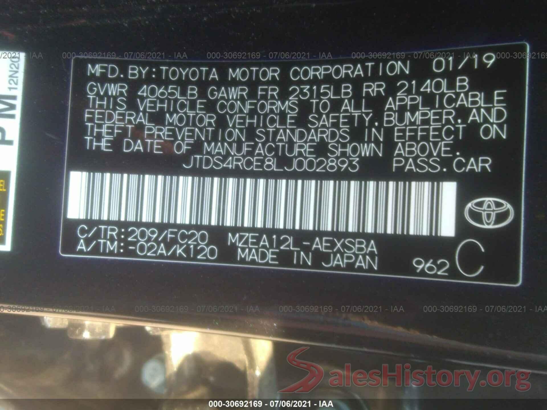 JTDS4RCE8LJ002893 2020 TOYOTA COROLLA