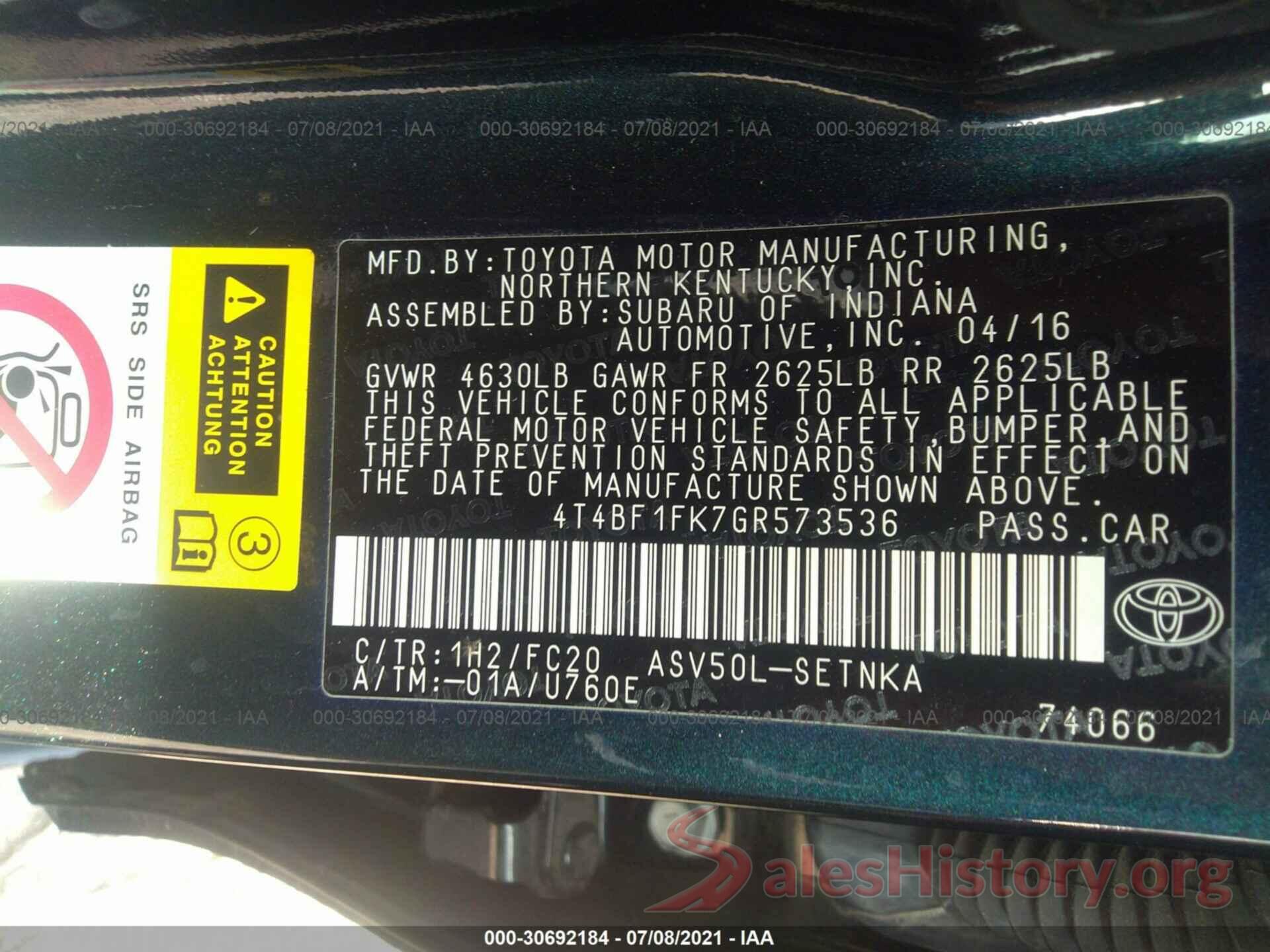 4T4BF1FK7GR573536 2016 TOYOTA CAMRY