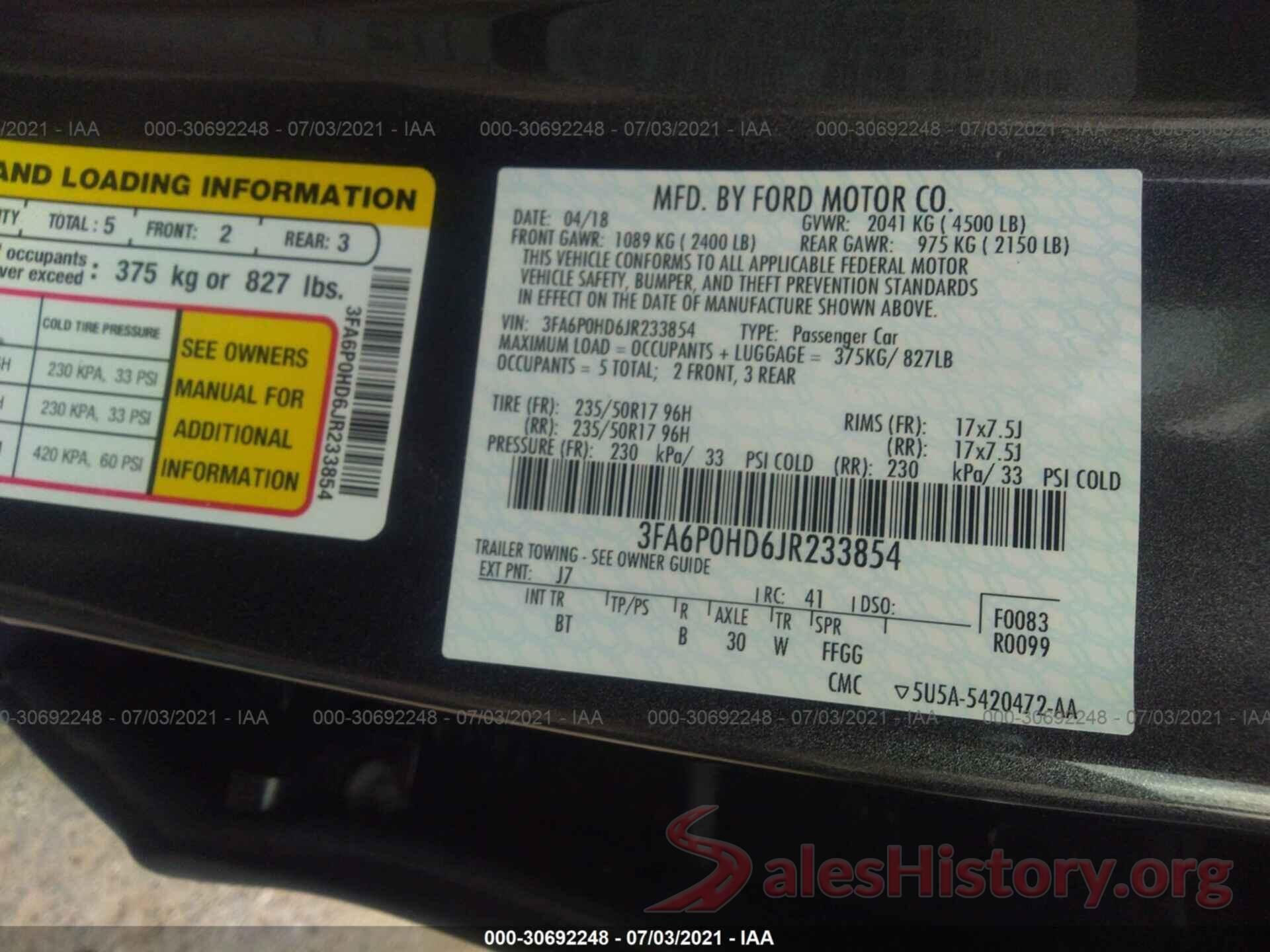 3FA6P0HD6JR233854 2018 FORD FUSION