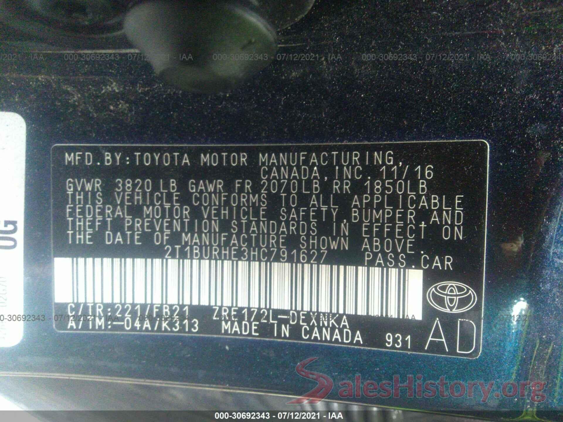 2T1BURHE3HC791627 2017 TOYOTA COROLLA