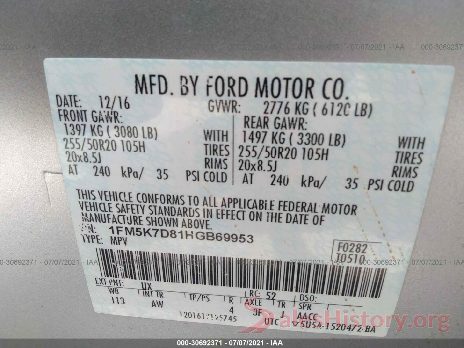 1FM5K7D81HGB69953 2017 FORD EXPLORER