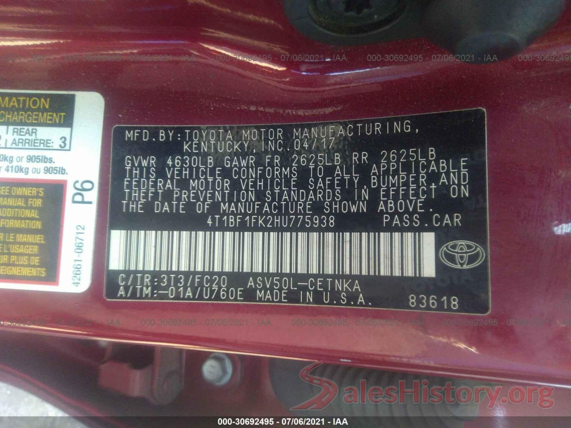 4T1BF1FK2HU775938 2017 TOYOTA CAMRY