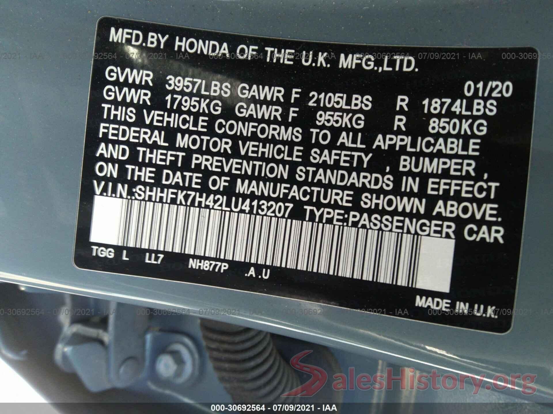 SHHFK7H42LU413207 2020 HONDA CIVIC HATCHBACK