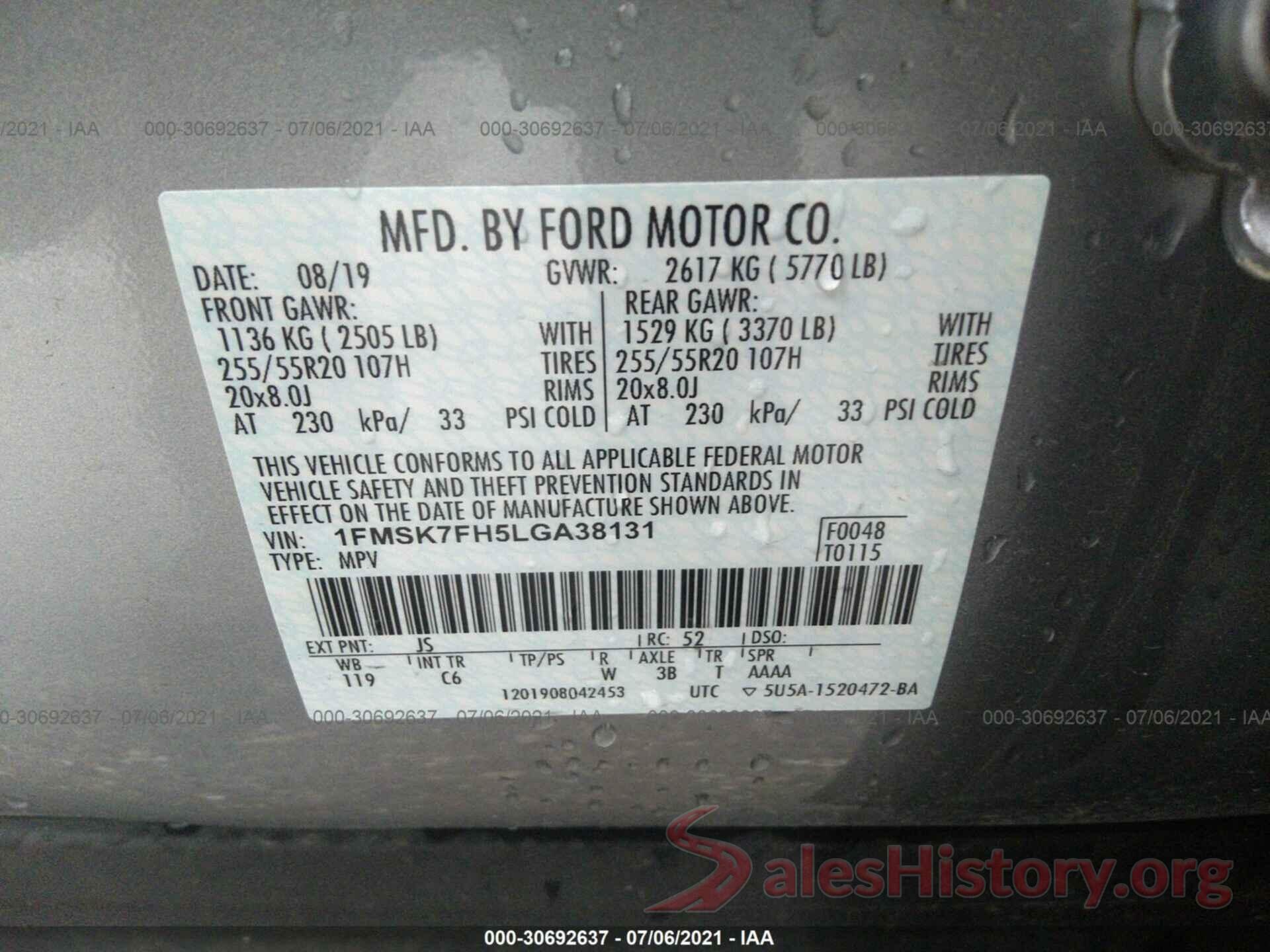 1FMSK7FH5LGA38131 2020 FORD EXPLORER