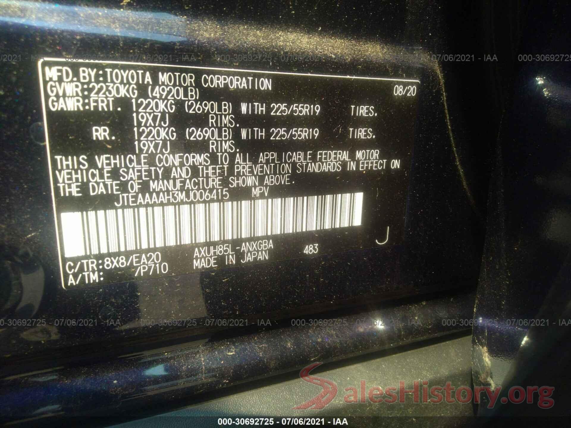 JTEAAAAH3MJ006415 2021 TOYOTA VENZA