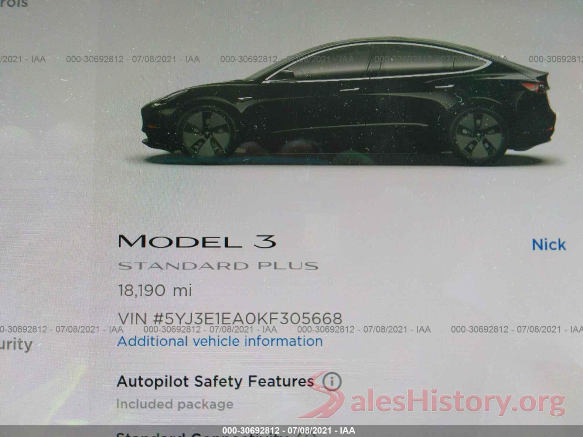 5YJ3E1EA0KF305668 2019 TESLA MODEL 3