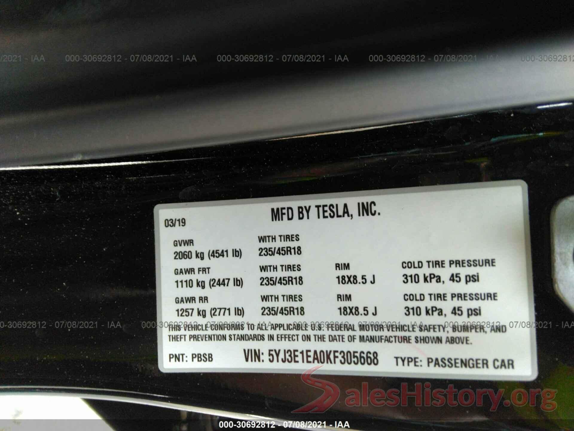 5YJ3E1EA0KF305668 2019 TESLA MODEL 3