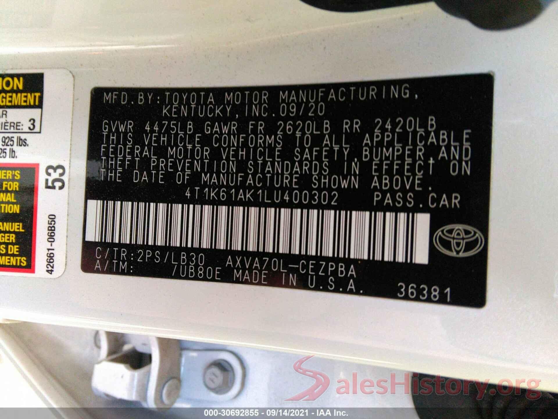 4T1K61AK1LU400302 2020 TOYOTA CAMRY