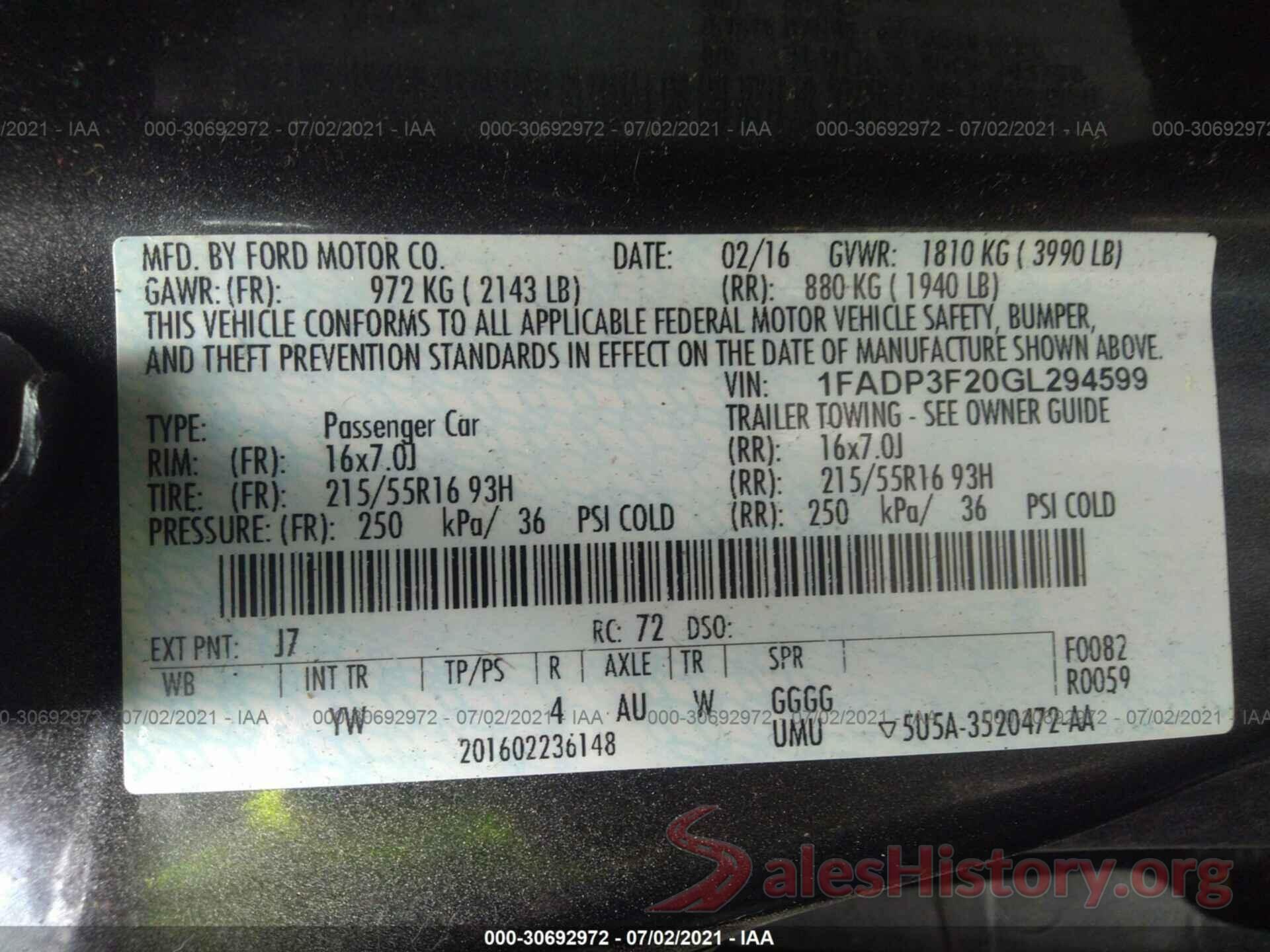 1FADP3F20GL294599 2016 FORD FOCUS