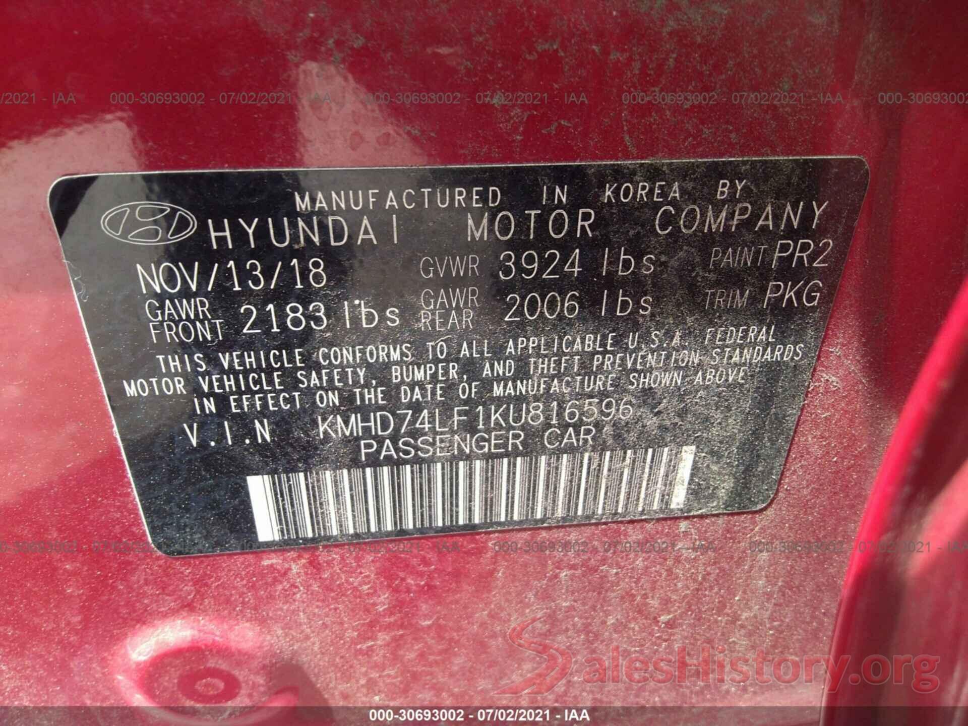 KMHD74LF1KU816596 2019 HYUNDAI ELANTRA