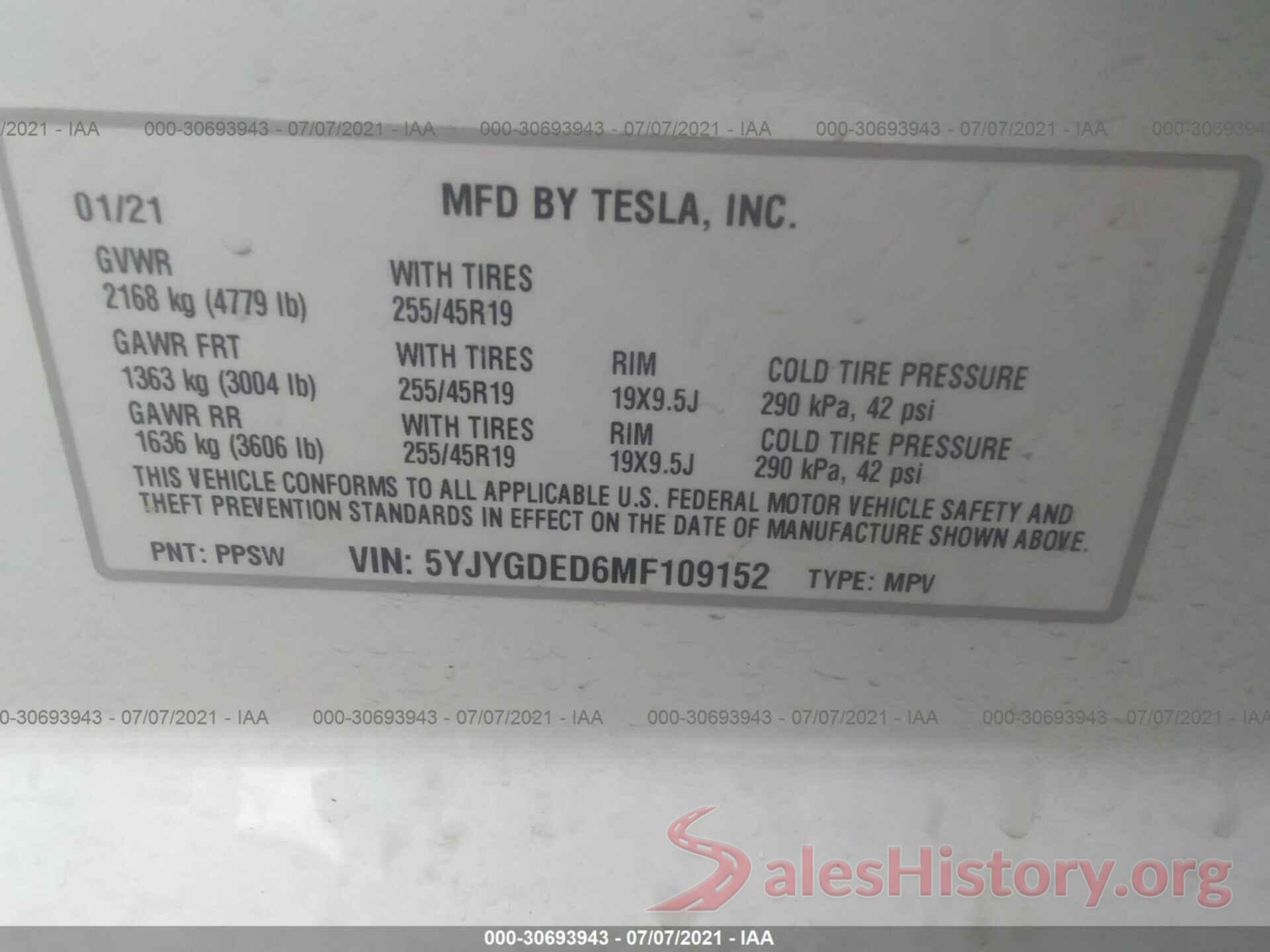 5YJYGDED6MF109152 2021 TESLA MODEL Y