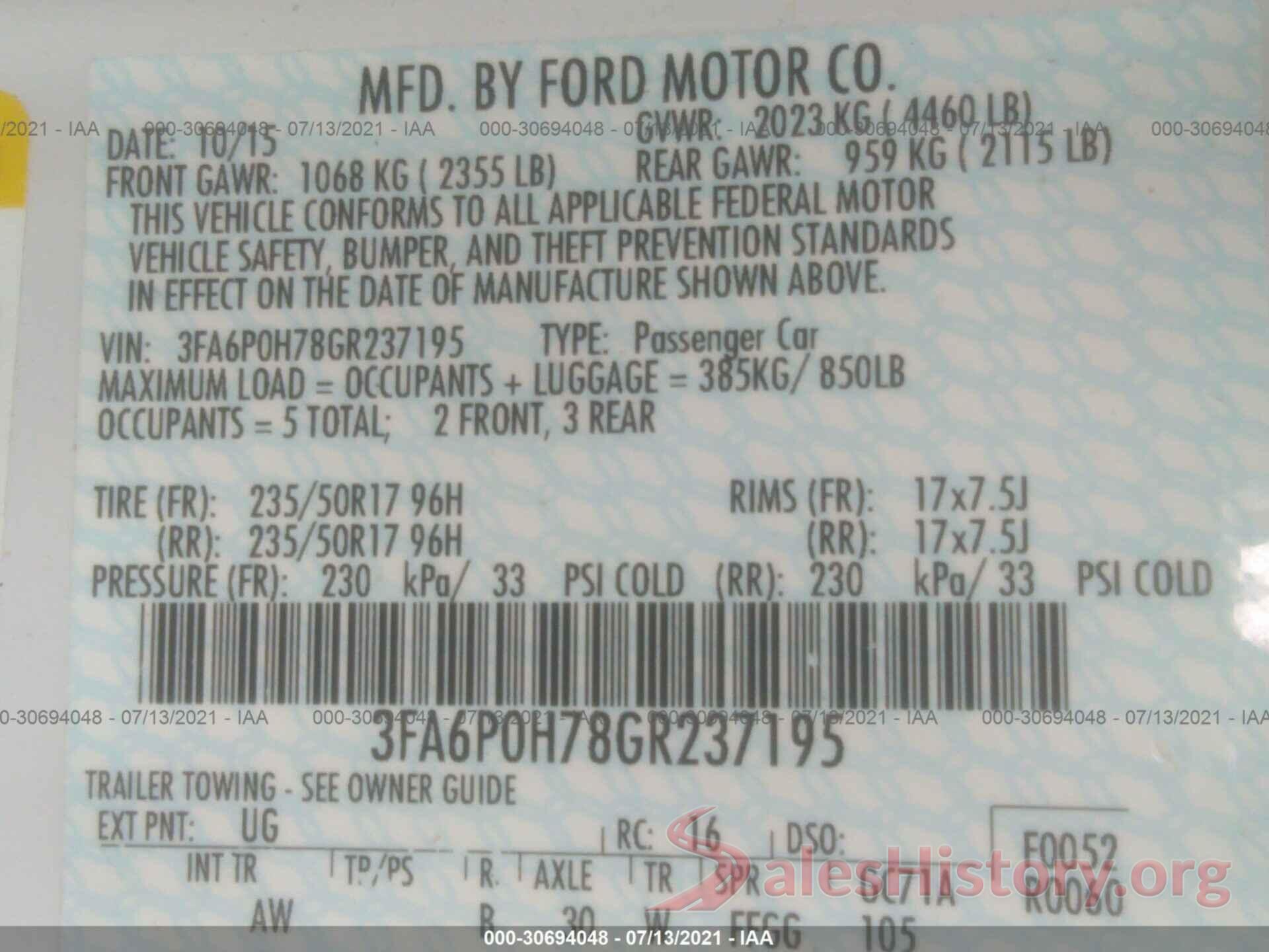 3FA6P0H78GR237195 2016 FORD FUSION