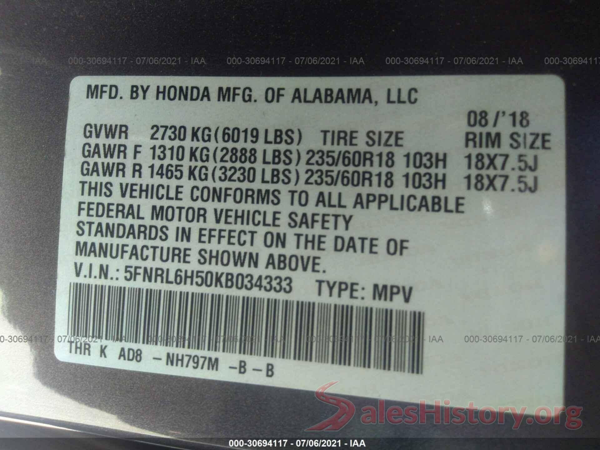 5FNRL6H50KB034333 2019 HONDA ODYSSEY