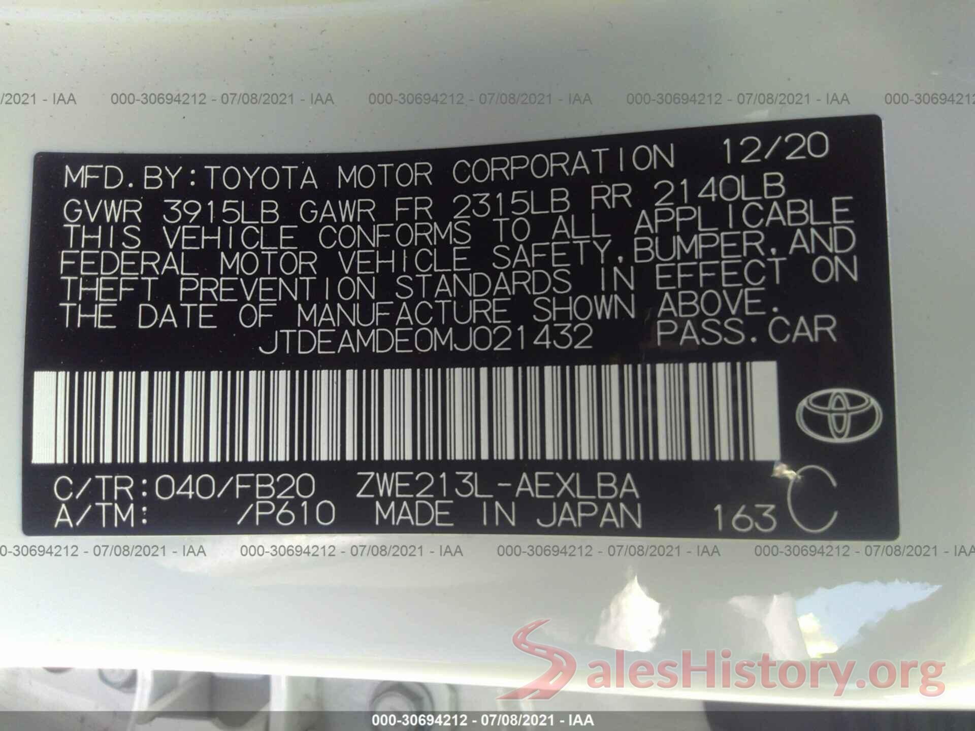 JTDEAMDE0MJ021432 2021 TOYOTA COROLLA