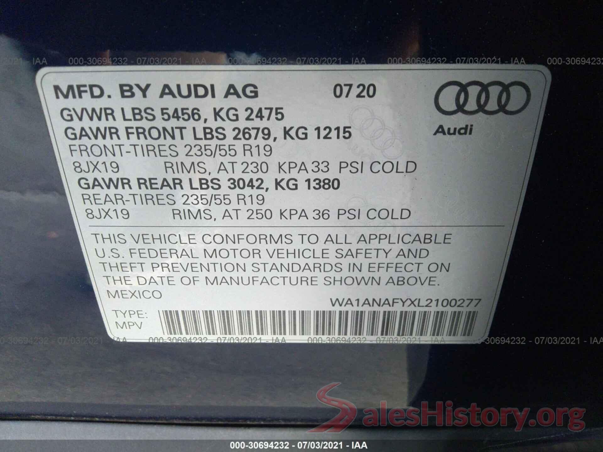 WA1ANAFYXL2100277 2020 AUDI Q5