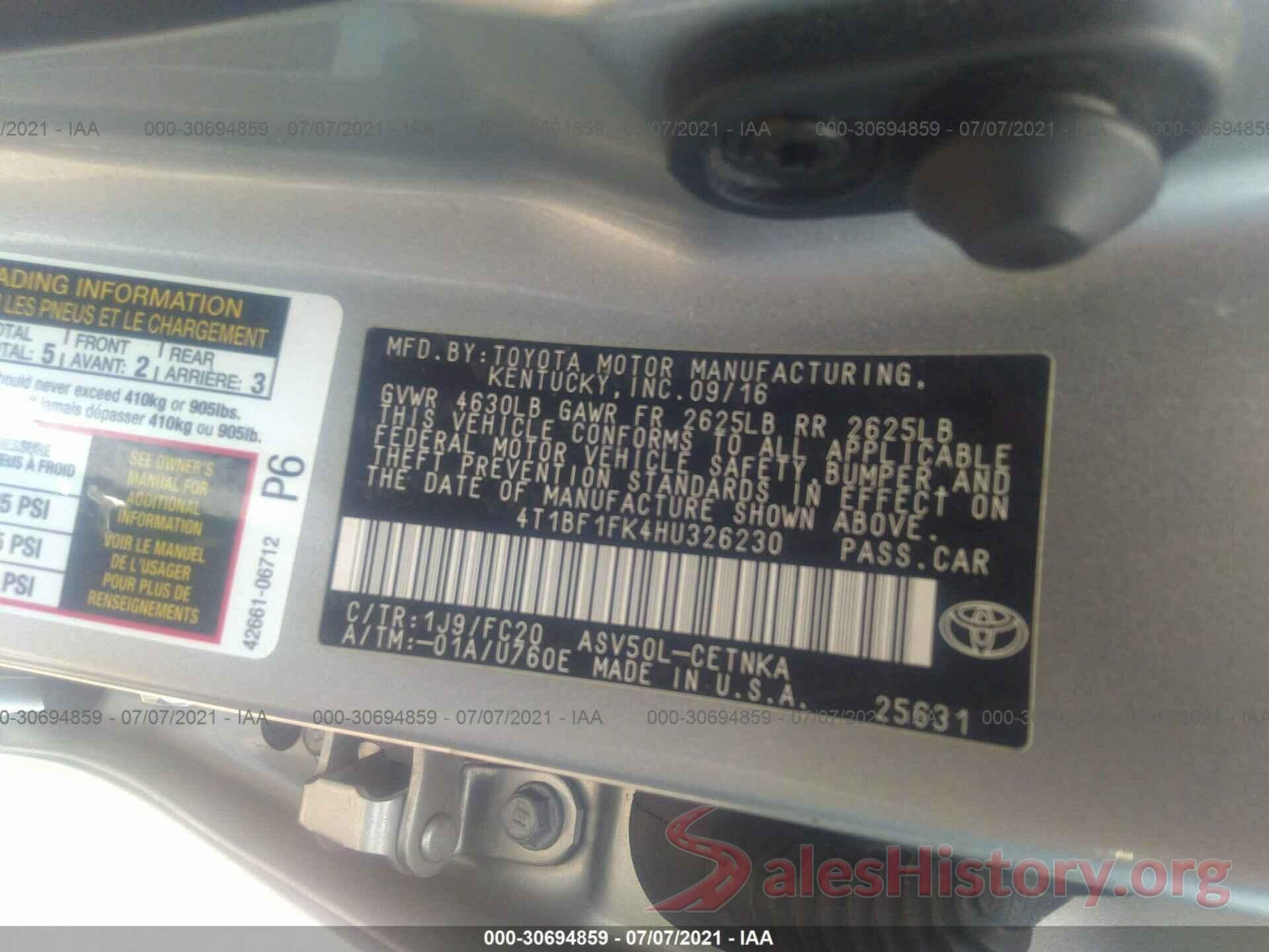 4T1BF1FK4HU326230 2017 TOYOTA CAMRY