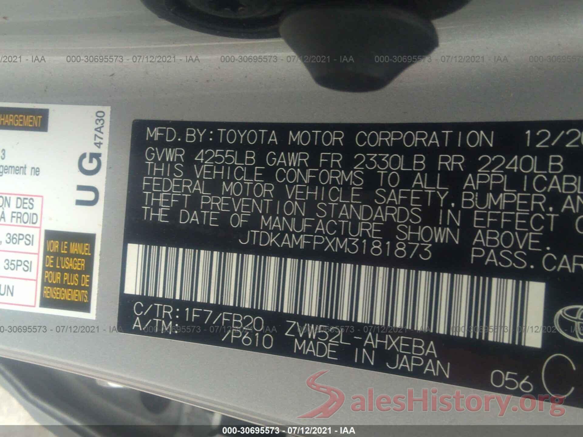 JTDKAMFPXM3181873 2021 TOYOTA PRIUS PRIME