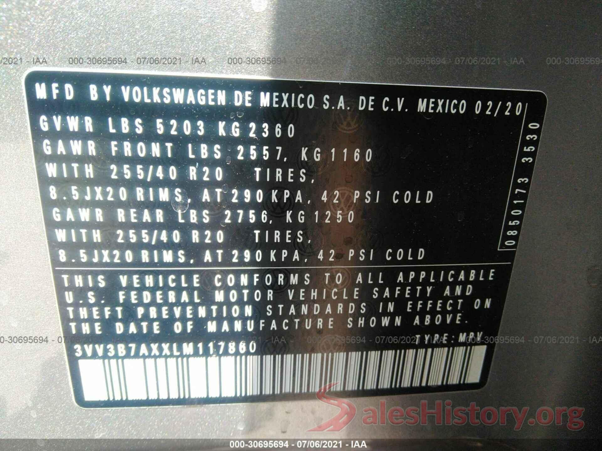 3VV3B7AXXLM117860 2020 VOLKSWAGEN TIGUAN