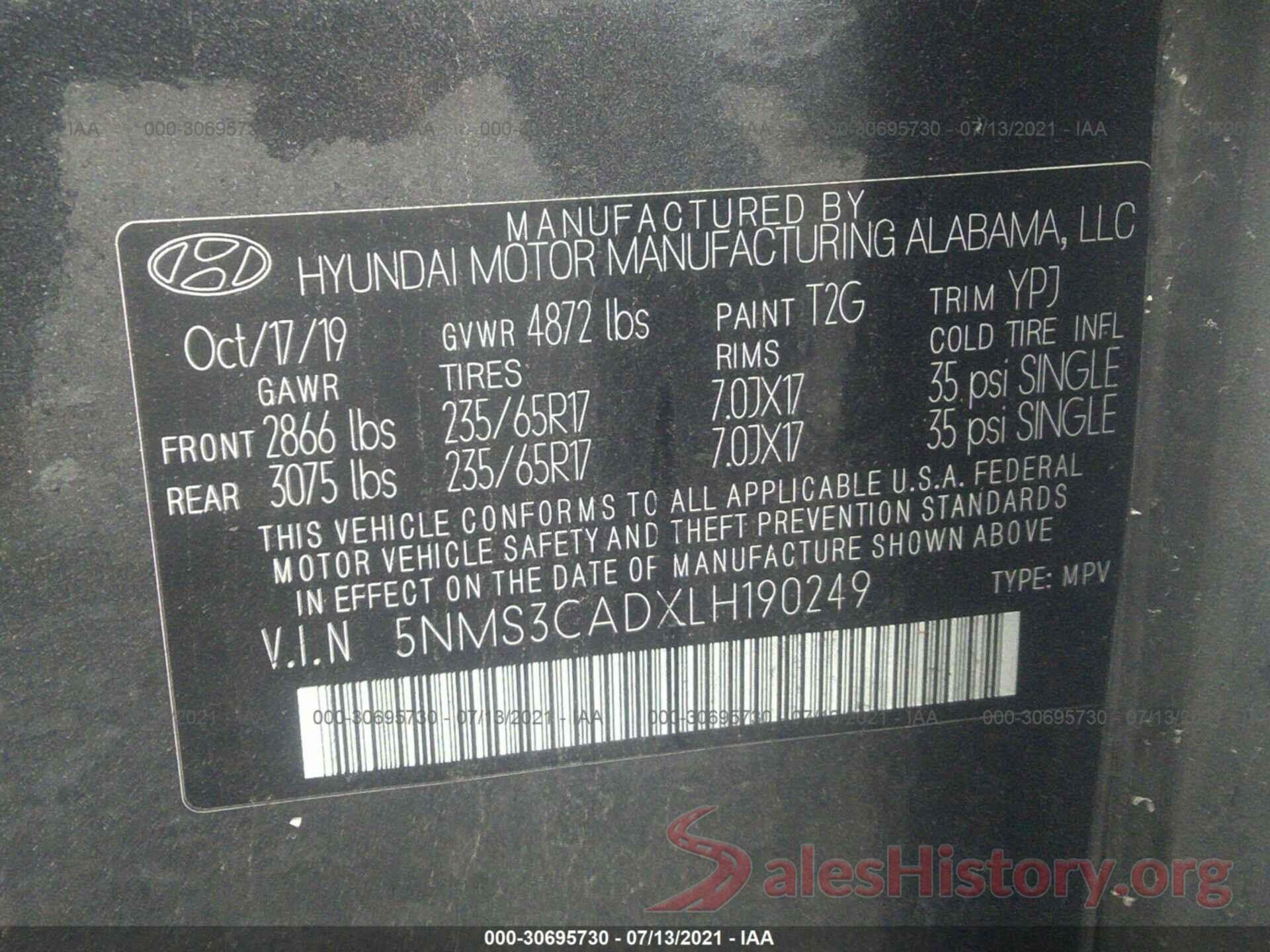 5NMS3CADXLH190249 2020 HYUNDAI SANTA FE