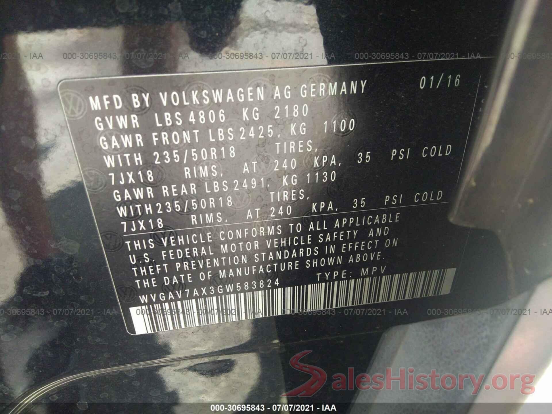 WVGAV7AX3GW583824 2016 VOLKSWAGEN TIGUAN