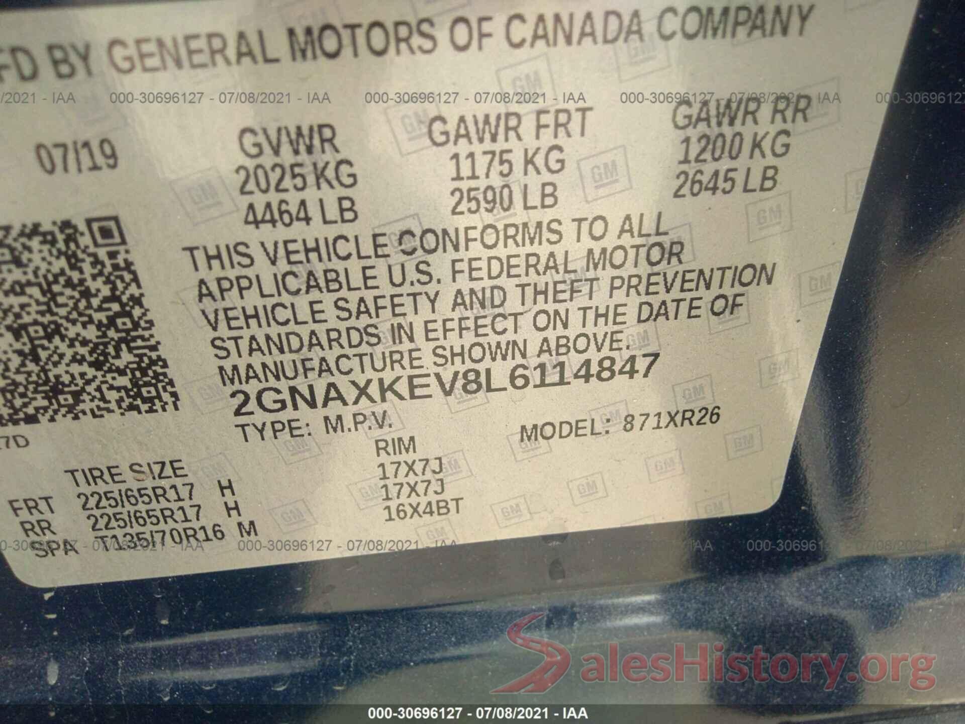 2GNAXKEV8L6114847 2020 CHEVROLET EQUINOX