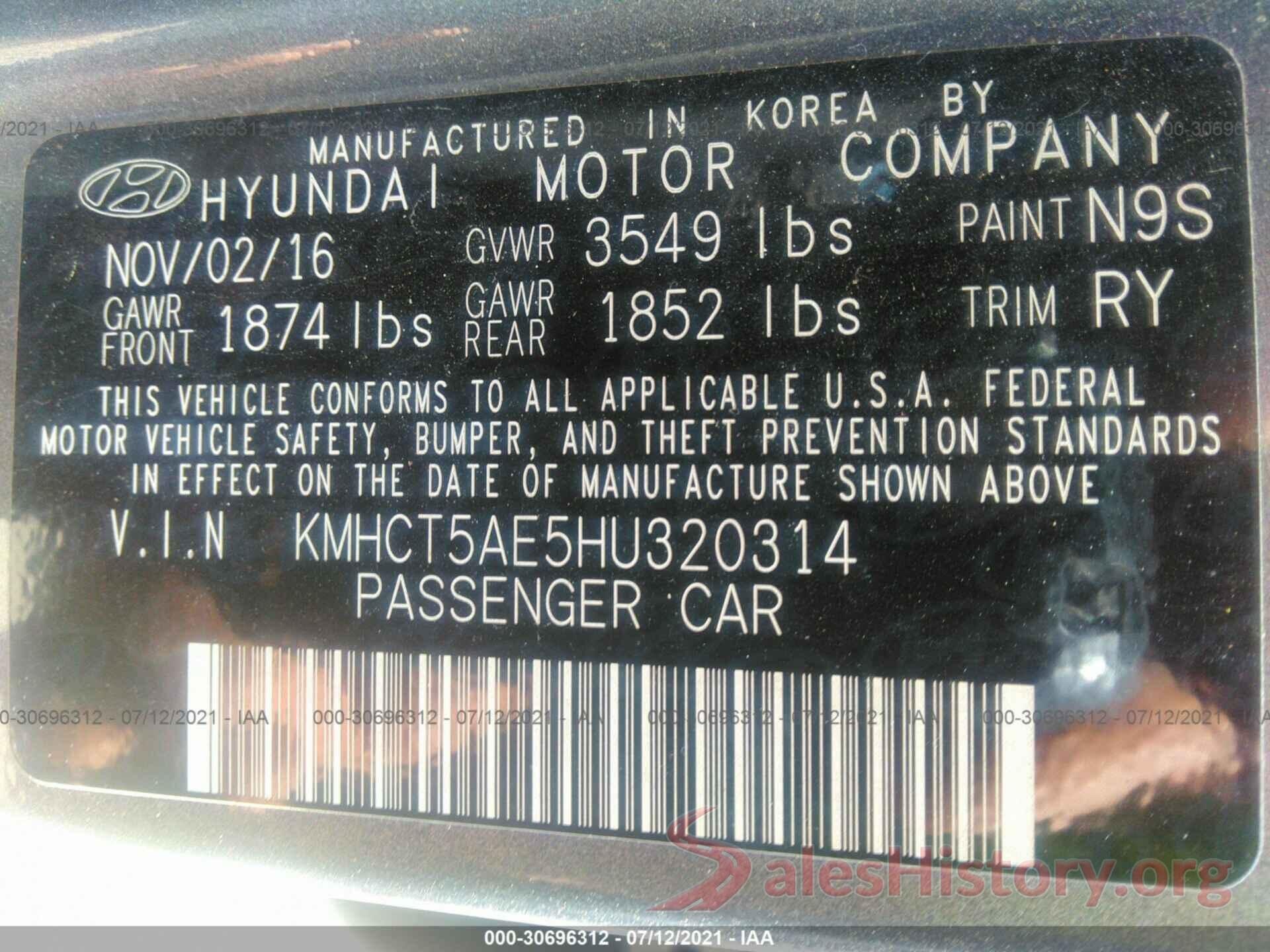 KMHCT5AE5HU320314 2017 HYUNDAI ACCENT