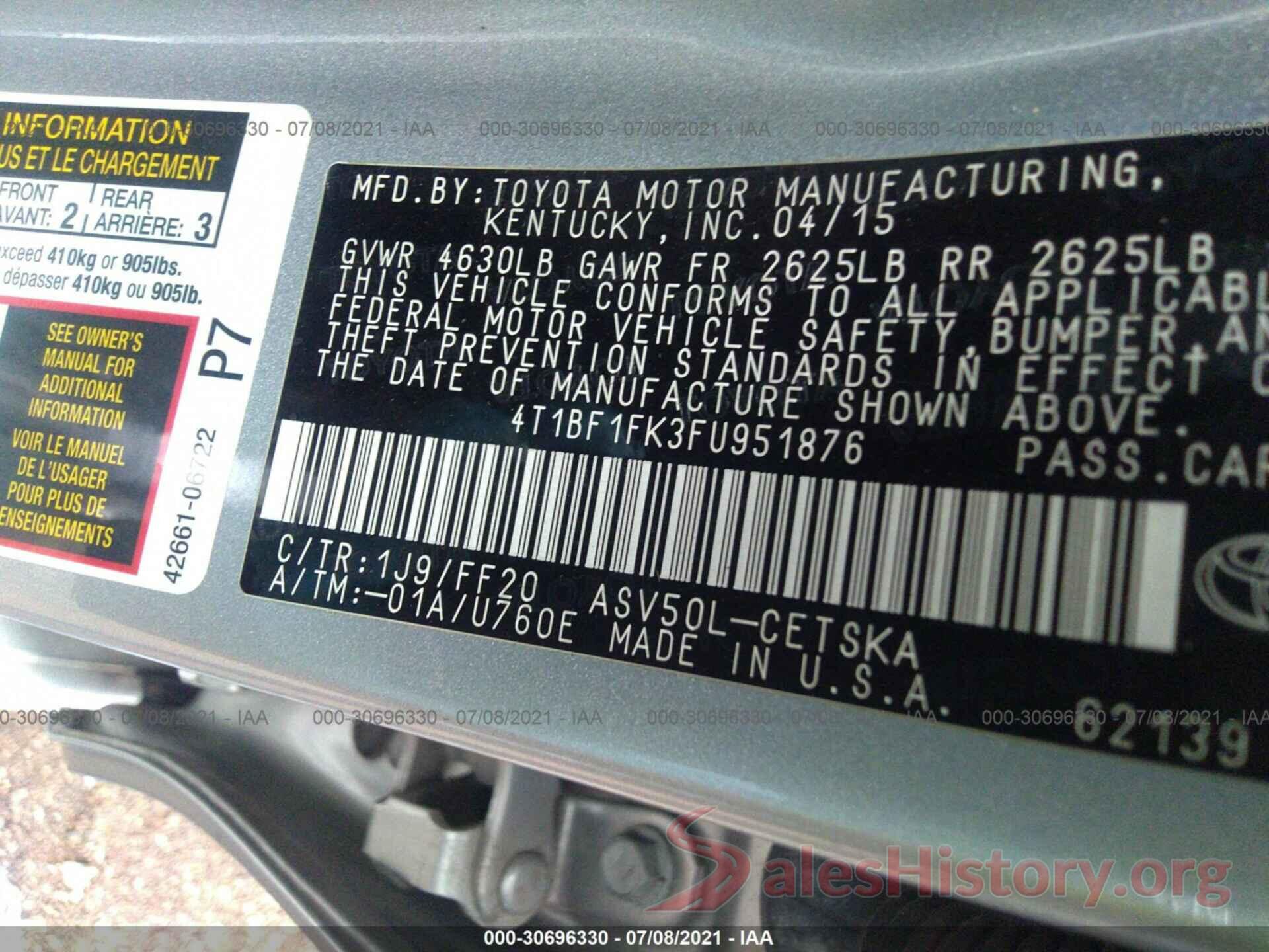 4T1BF1FK3FU951876 2015 TOYOTA CAMRY