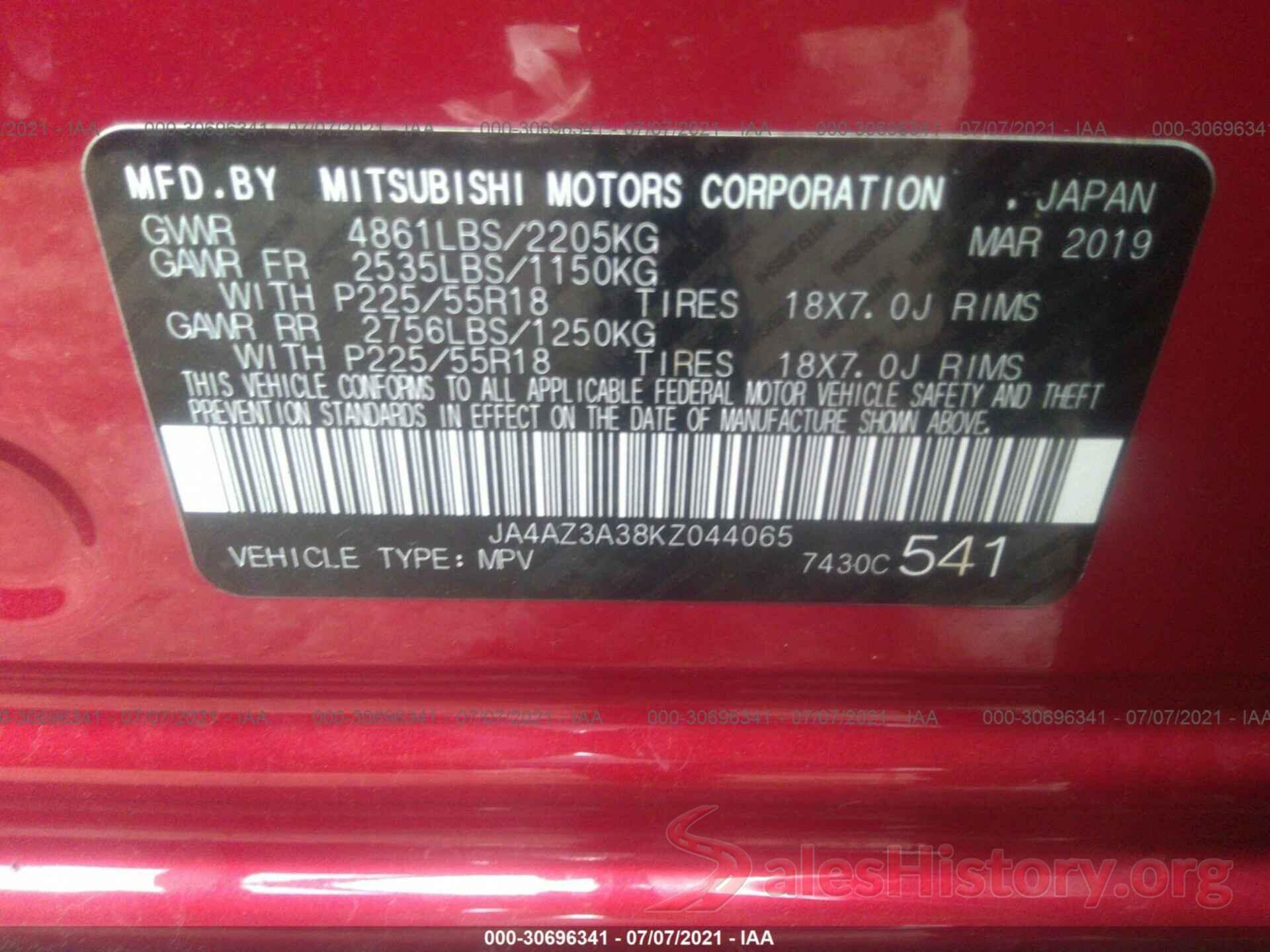 JA4AZ3A38KZ044065 2019 MITSUBISHI OUTLANDER