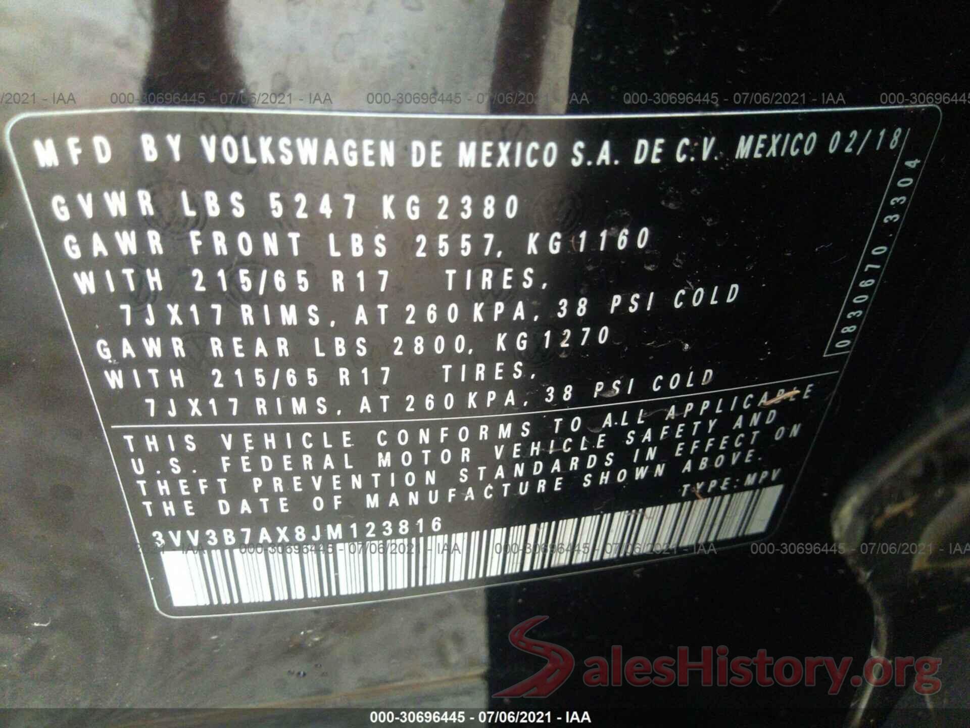 3VV3B7AX8JM123816 2018 VOLKSWAGEN TIGUAN