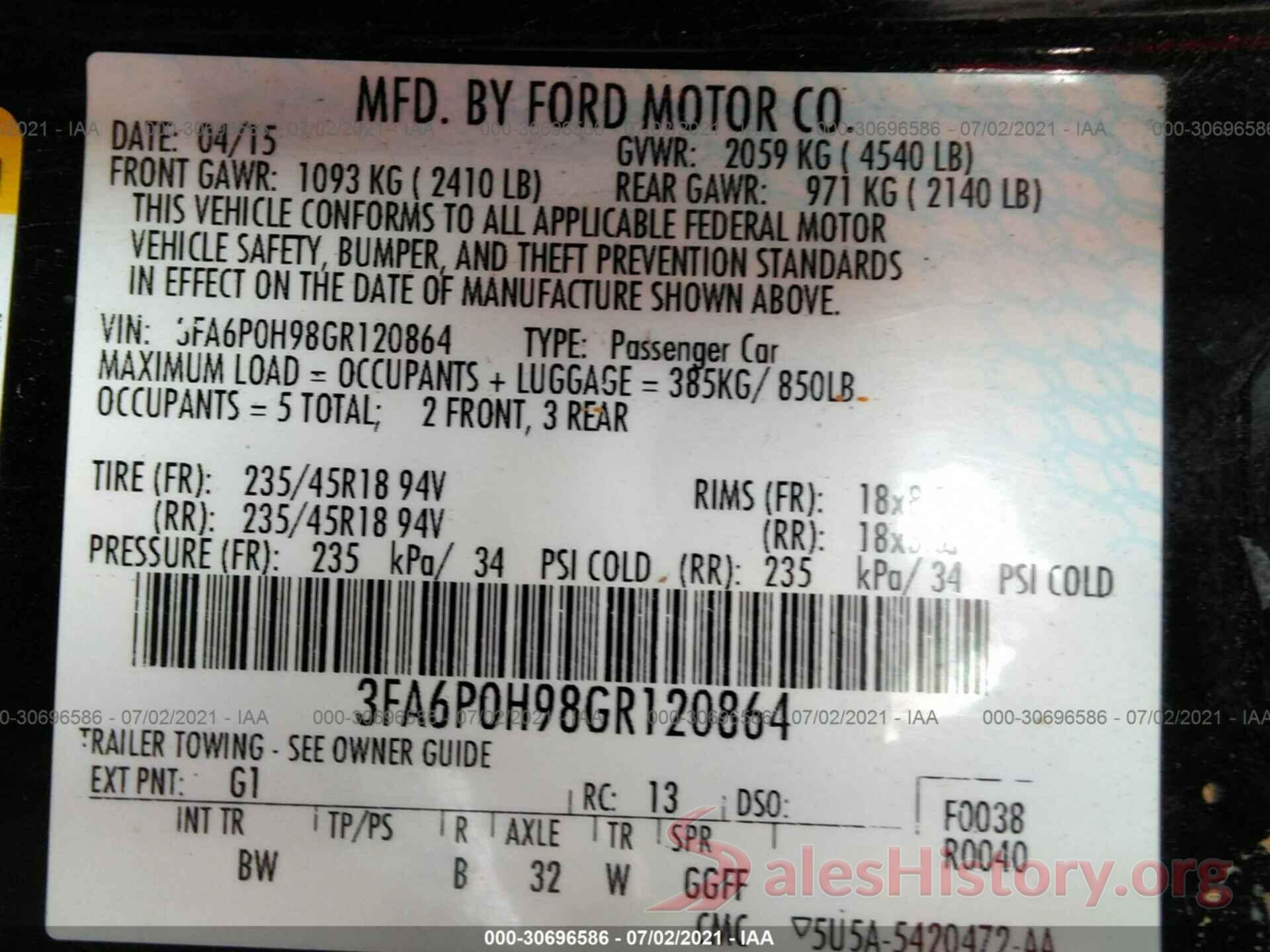 3FA6P0H98GR120864 2016 FORD FUSION