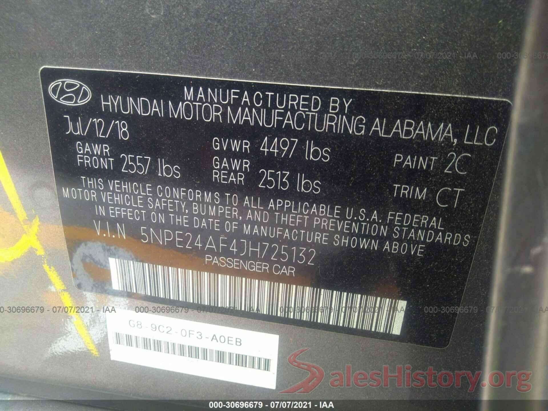 5NPE24AF4JH725132 2018 HYUNDAI SONATA