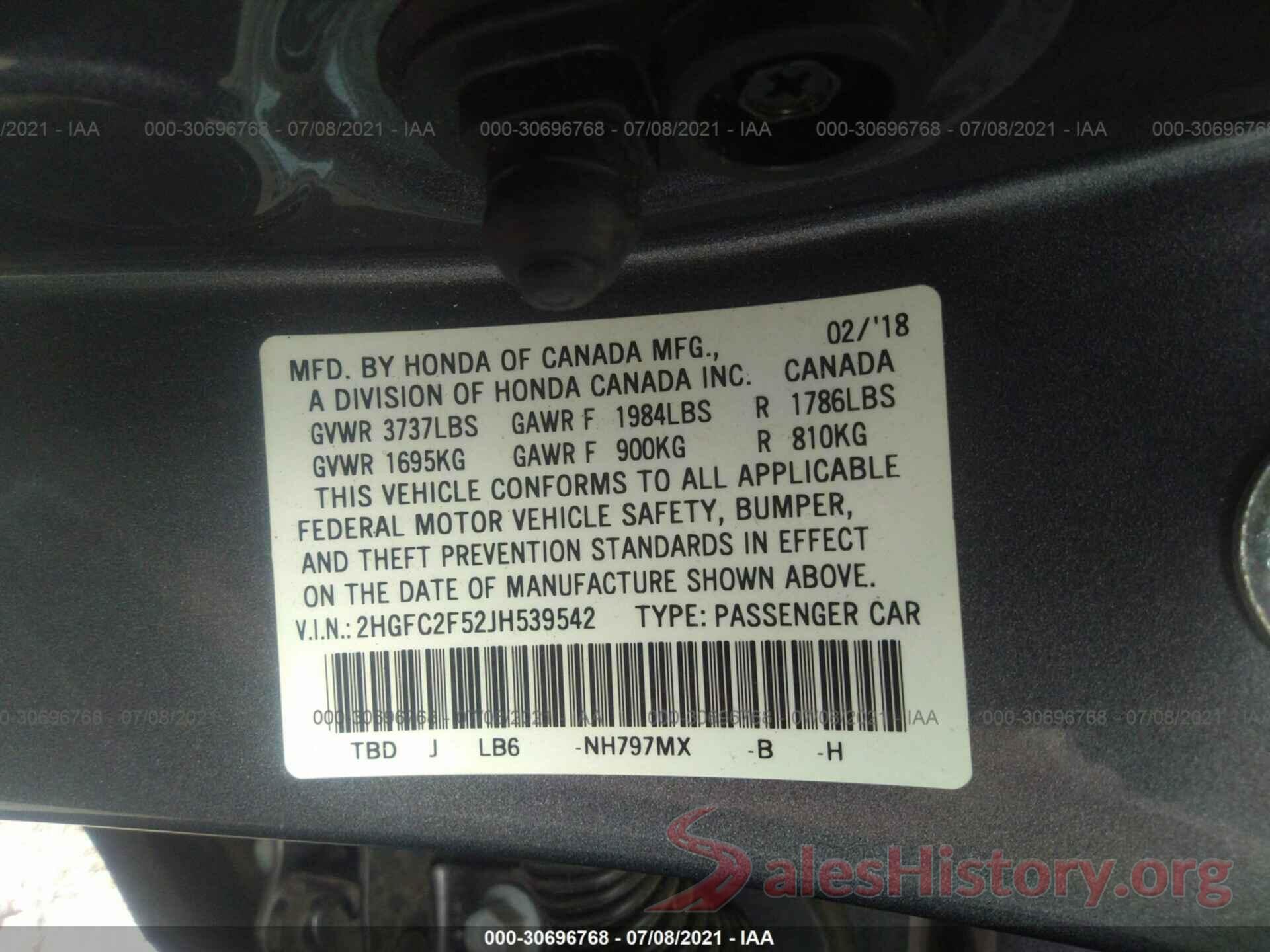 2HGFC2F52JH539542 2018 HONDA CIVIC SEDAN