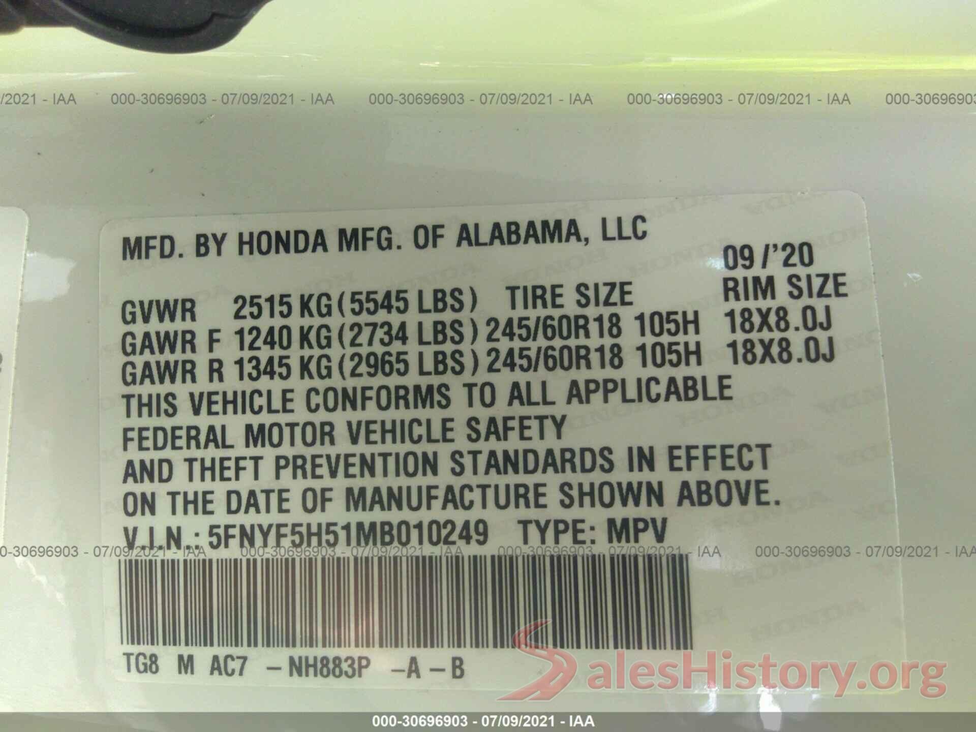 5FNYF5H51MB010249 2021 HONDA PILOT